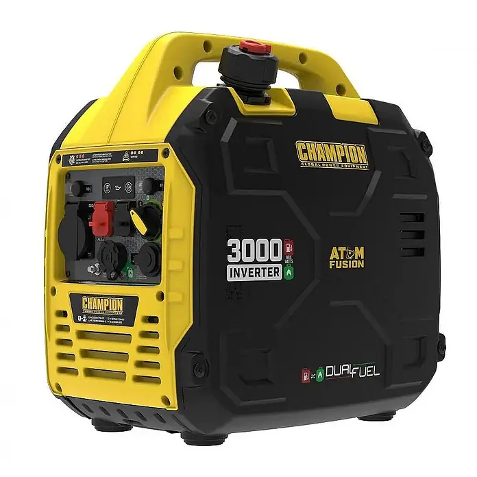 Champion Power Equipment Stromerzeuger Inverter Stromerzeuger 3000 Watt Champion Atom Fusion 93001i-df-eu - Tankvolumen: 4,5 l - Gelb-schwarzer Champion 3000 Inverter Dual Fuel Generator, eine tragbare Stromquelle.