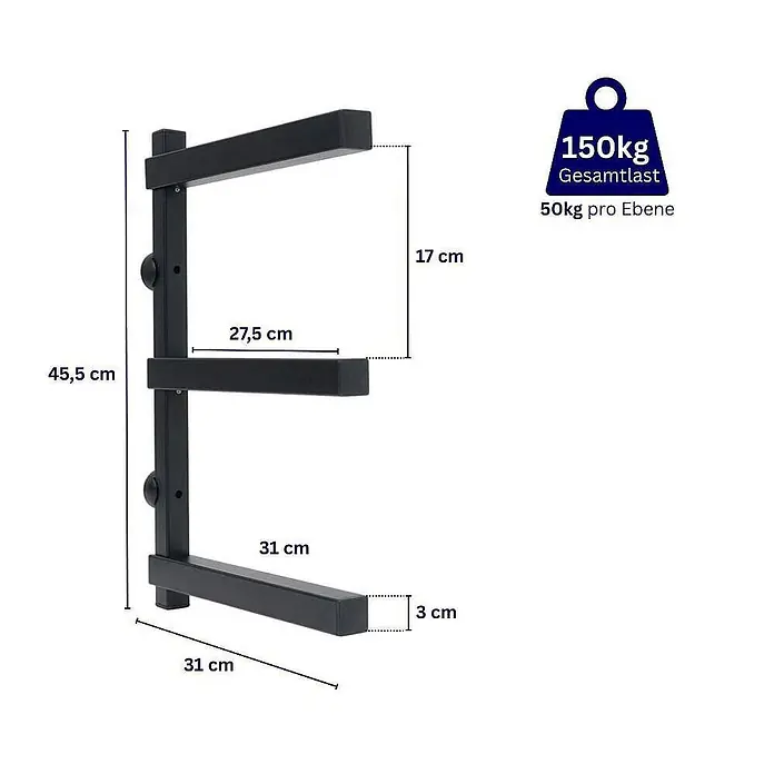 Proregal Kragarmregal Wandmontage mit 3 Ebenen Garage Organize - Traglast pro Träger: 50 kg, Schwarz - Schwarze wandmontierte Dreifach-Regalhalterung mit Maßen, die ihr robustes Design und 150kg Gesamtlastkapazität hervorhebt.