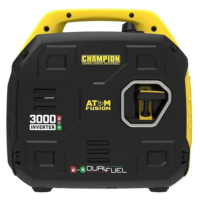 Champion Power Equipment Stromerzeuger Inverter Stromerzeuger 3000 Watt Champion Atom Fusion 93001i-df-eu - Tankvolumen: 4,5 l - Schwarz-gelber Champion 3000-Watt Dual Fuel Inverter Generator mit Tragegriff und 'ATOM FUSION' Logo.
