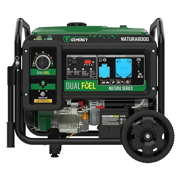 Genergy Stromerzeuger Dualfuel Stromerzeuger 5500W Genergy Natura 6000 SVR - Benzin & LPG - Nennleistung: 5 kW, Tankvolumen: 28 l - Grüner und schwarzer Dual-Fuel-Generator mit Bedienfeld, Steckdosen und Rädern.