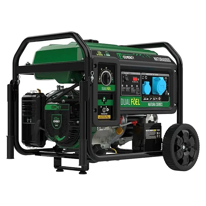 Genergy Stromerzeuger Dualfuel Stromerzeuger 5500W Genergy Natura 6000 SVR - Benzin & LPG - Nennleistung: 5 kW, Tankvolumen: 28 l - Grüner und schwarzer Genergy Dual-Fuel-Stromerzeuger mit Bedienfeld und Rädern.