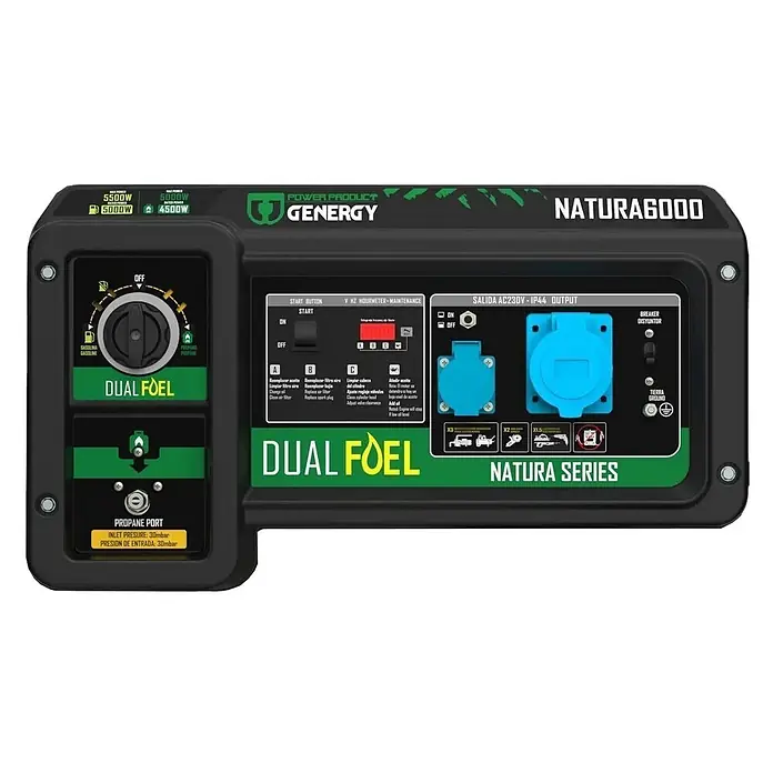 Genergy Stromerzeuger Dualfuel Stromerzeuger 5500W Genergy Natura 6000 SVR - Benzin & LPG - Nennleistung: 5 kW, Tankvolumen: 28 l - Ein schwarz-grüner Genergy Natura 6000 Dual-Fuel-Generator mit Bedienfeld, Display und Steckdosen.