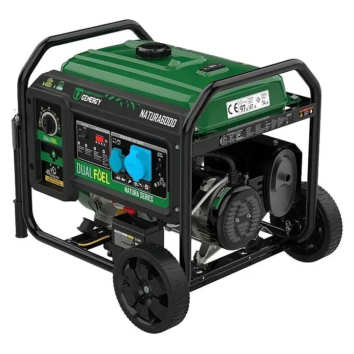 Genergy Stromerzeuger Dualfuel Stromerzeuger 5500W Genergy Natura 6000 SVR - Benzin & LPG - Nennleistung: 5 kW, Tankvolumen: 28 l - Grüner und schwarzer GENERGY Natura Series Dual-Fuel Generator auf Rädern.