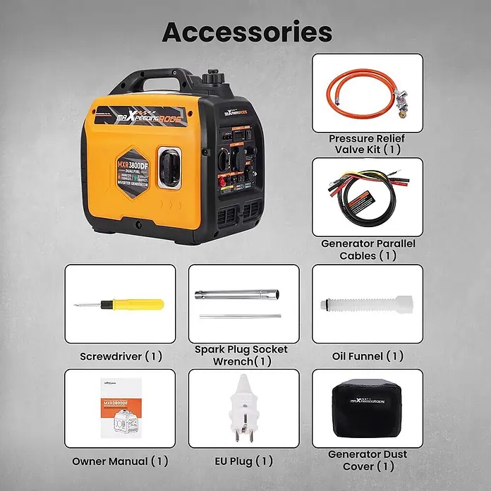 MaXpeedingrods Stromerzeuger 3500W DualFuel Inverter Stromerzeuger maXpeedingrods MXR 3800DF - Nennleistung: 3 kW, Tankvolumen: 4 l - Gelb-schwarzer Maxpeedingrods MXR3800DF Dual-Fuel Inverter-Generator mit Zubehör für Einrichtung und Wartung.