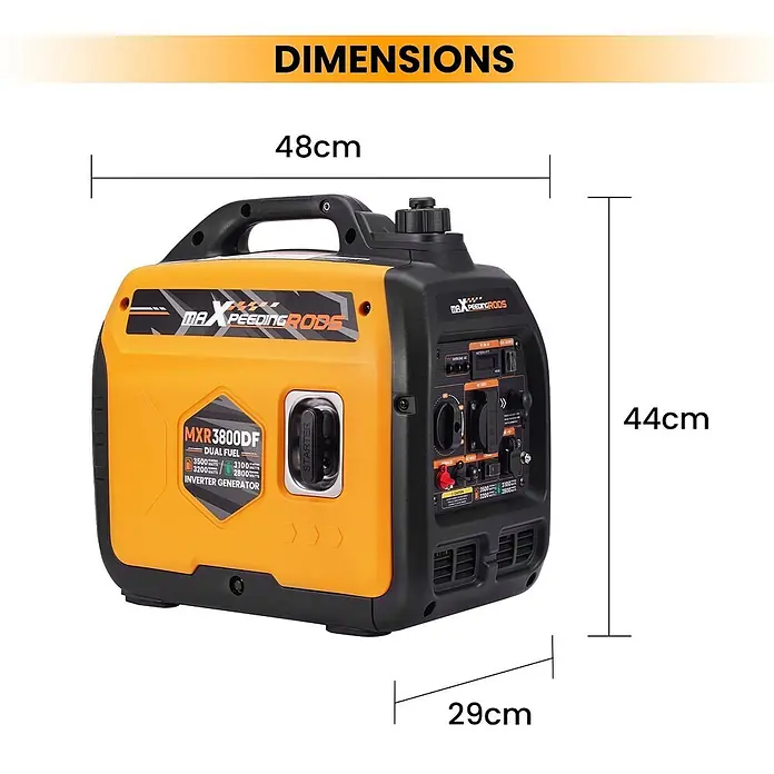 MaXpeedingrods Stromerzeuger 3500W DualFuel Inverter Stromerzeuger maXpeedingrods MXR 3800DF - Nennleistung: 3 kW, Tankvolumen: 4 l - Orange-schwarzer Dual-Fuel-Inverter-Generator mit Maßen: 48cm Länge, 44cm Höhe, 29cm Breite.