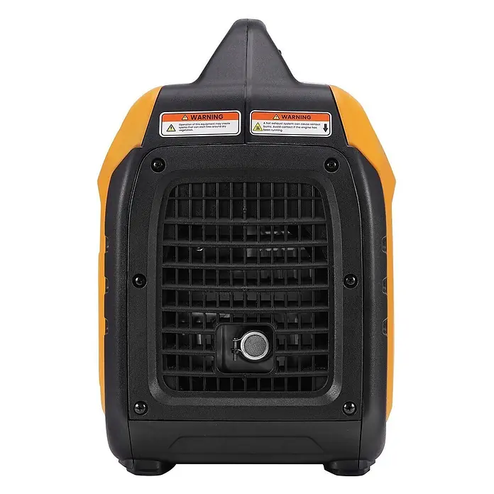 MaXpeedingrods Stromerzeuger 3500W DualFuel Inverter Stromerzeuger maXpeedingrods MXR 3800DF - Nennleistung: 3 kW, Tankvolumen: 4 l - Rückansicht eines schwarz-orangen tragbaren Generators mit großem Lüftungsgitter und Warnhinweisen.