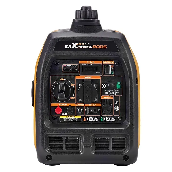 MaXpeedingrods Stromerzeuger 3500W DualFuel Inverter Stromerzeuger maXpeedingrods MXR 3800DF - Nennleistung: 3 kW, Tankvolumen: 4 l - Schwarz-orangefarbener tragbarer Inverter-Generator mit Bedienfeld, Tankverschluss und Stromausgängen.