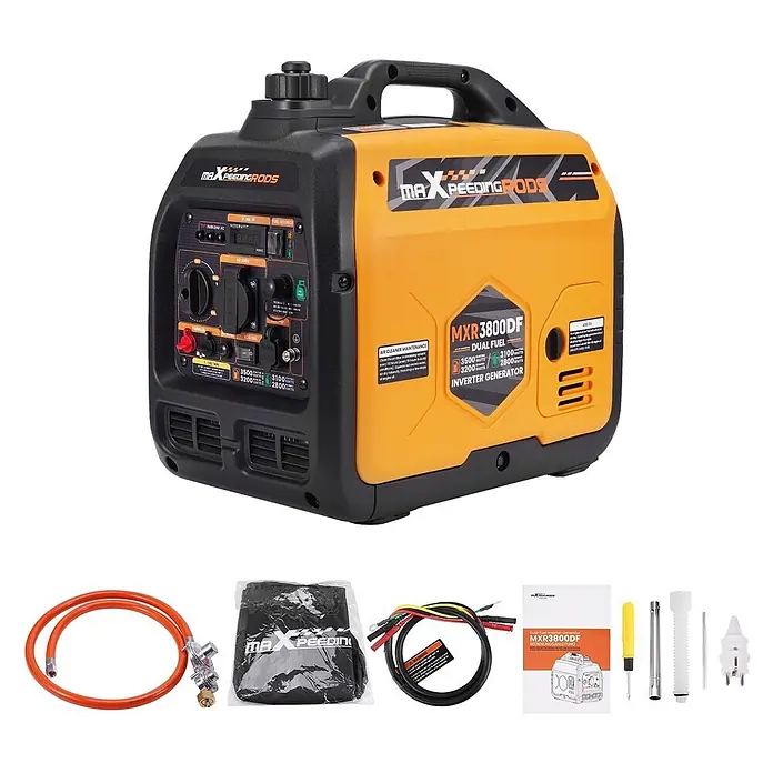 MaXpeedingrods Stromerzeuger 3500W DualFuel Inverter Stromerzeuger maXpeedingrods MXR 3800DF - Nennleistung: 3 kW, Tankvolumen: 4 l - Ein gelb-schwarzer MAXPEEDINGRODS MXR3800DF Dual-Fuel Inverter-Generator mit Zubehör.