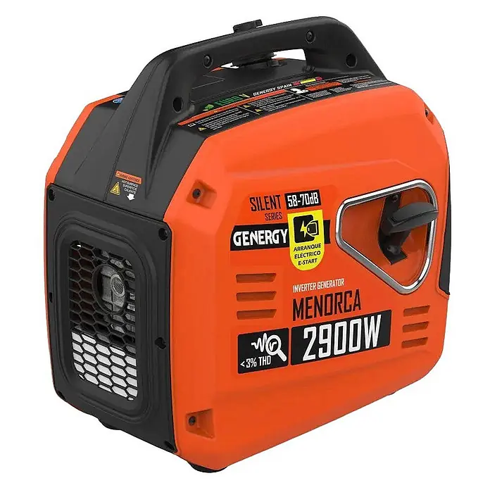 Genergy Stromerzeuger Inverter Stromerzeuger Benzin 2900 Watt mit Funkstart Genergy Menorca II - Nennleistung: 2,6 kW, Tankvolumen: 4,5 l - Orange-schwarzer Genergy Inverter-Generator Menorca 2900W mit leisem Betrieb und E-Start.