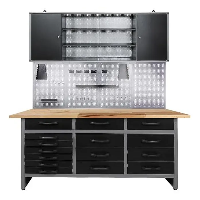 Ondis24 Werkbank-Set - L x B: 160 x 60 cm, Arbeitshöhe: 850 mm, Metall - Schwarze und silberne Metallwerkbank mit heller Holzplatte, mehreren Schubladen und einem oberen Aufbewahrungsschrank mit Regalen und Lochwänden.
