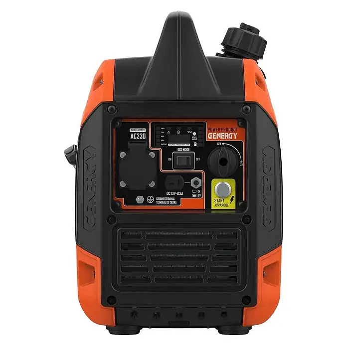 Genergy Stromerzeuger Inverter Stromerzeuger Benzin 2900 Watt mit Funkstart Genergy Menorca II - Nennleistung: 2,6 kW, Tankvolumen: 4,5 l - Oranger und schwarzer tragbarer Inverter-Generator mit Bedienfeld, AC/DC-Anschlüssen, ECO-Modus und Starttaste.
