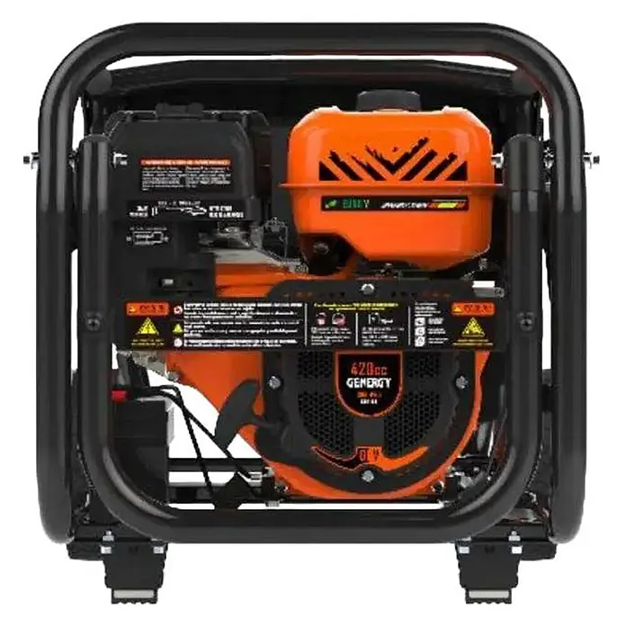 Genergy Stromerzeuger GENERGY Navacerrada Benzin Stromerzeuger ? 5500W 230V mit E-Start - Nennleistung: 5 kW, Tankvolumen: 6 l - Ein orange-schwarzer tragbarer Generator mit einem robusten schwarzen Metallrahmen.