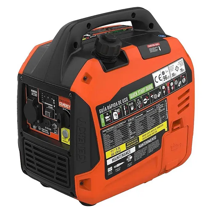 Genergy Stromerzeuger Inverter Stromerzeuger Benzin 2900 Watt mit Funkstart Genergy Menorca II - Nennleistung: 2,6 kW, Tankvolumen: 4,5 l - Oranger und schwarzer tragbarer Inverter-Generator mit Tragegriff und Bedienfeld, mit Hinweisen zur Schnellstartanleitung und Wartung.