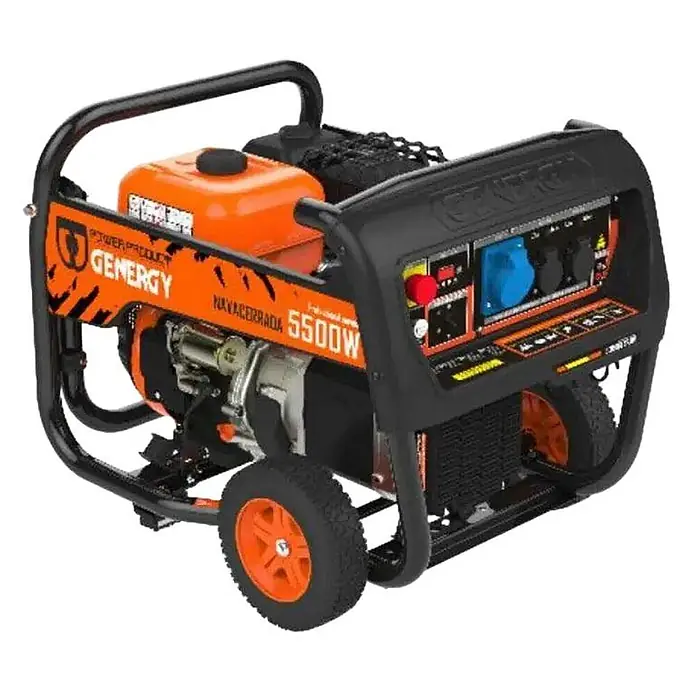 Genergy Stromerzeuger GENERGY Navacerrada Benzin Stromerzeuger ? 5500W 230V mit E-Start - Nennleistung: 5 kW, Tankvolumen: 6 l - Ein orange-schwarzer mobiler Generator mit Rädern, Bedienfeld und Genergy-Branding.