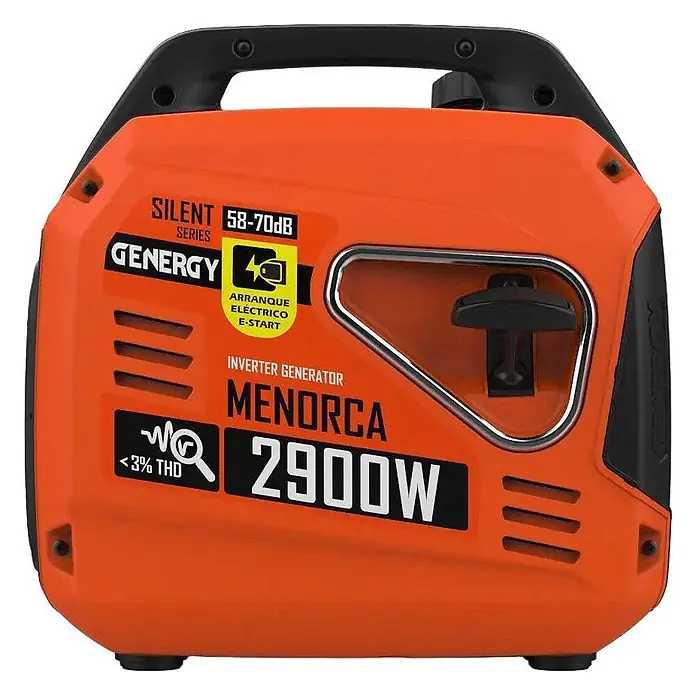 Genergy Stromerzeuger Inverter Stromerzeuger Benzin 2900 Watt mit Funkstart Genergy Menorca II - Nennleistung: 2,6 kW, Tankvolumen: 4,5 l - Orange-schwarzer, tragbarer Inverter-Generator mit Griff, 2900W Leistung, leisem Betrieb und E-Start.