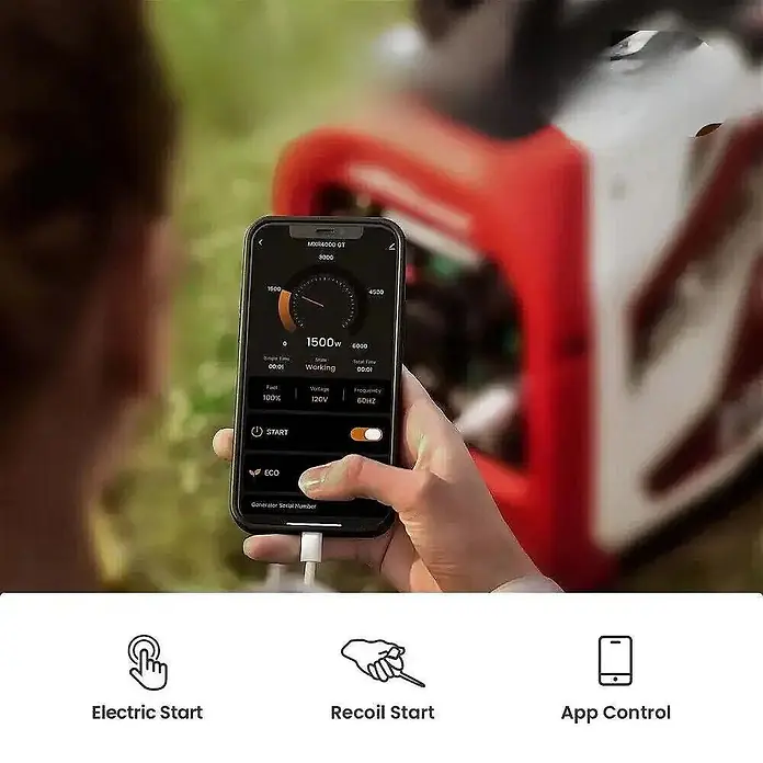MaXpeedingrods Stromerzeuger 3500W DualFuel Inverter Stromerzeuger mit App Steuerung maXpeedingrods... - Nennleistung: 3,1 kW, Tankvolumen: 4 l - Smartphone-App zeigt Generatorstatus (1500W, 120V) und Steuerungen wie Start/ECO-Modus, mit Elektro-, Seilzug- und App-Startoptionen.