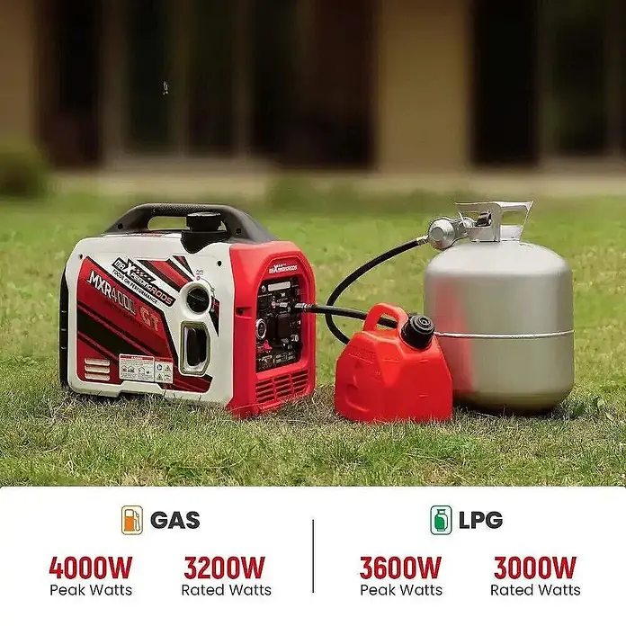 MaXpeedingrods Stromerzeuger 3500W DualFuel Inverter Stromerzeuger mit App Steuerung maXpeedingrods... - Nennleistung: 3,1 kW, Tankvolumen: 4 l - Rot-weißer, tragbarer Dual-Fuel-Inverter-Generator, verbunden mit Propangastank und Benzinkanister. Leistungsdaten sichtbar.