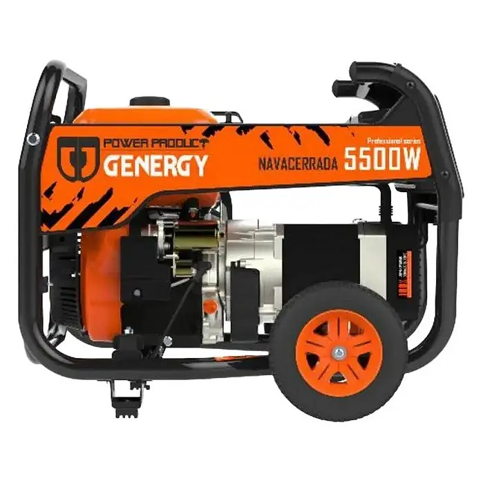 Genergy Stromerzeuger GENERGY Navacerrada Benzin Stromerzeuger ? 5500W 230V mit E-Start - Nennleistung: 5 kW, Tankvolumen: 6 l - Orange-schwarzer mobiler Stromerzeuger mit Rädern, beschriftet Genergy Navacerrada 5500W.