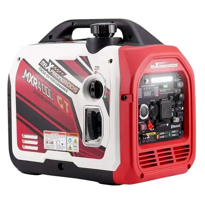 MaXpeedingrods Stromerzeuger 3500W DualFuel Inverter Stromerzeuger mit App Steuerung maXpeedingrods... - Nennleistung: 3,1 kW, Tankvolumen: 4 l - Roter, weißer und schwarzer tragbarer Inverter-Generator mit Bedienfeld, Display und Tragegriff.