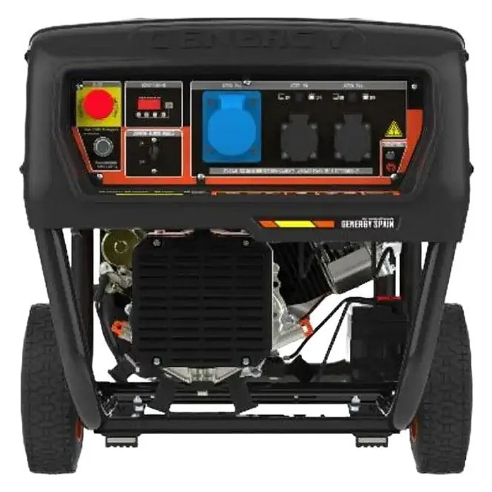 Genergy Stromerzeuger GENERGY Navacerrada Benzin Stromerzeuger ? 5500W 230V mit E-Start - Nennleistung: 5 kW, Tankvolumen: 6 l - Schwarzer und oranger tragbarer Generator mit Rädern und Bedienfeld mit verschiedenen Steckdosen, darunter eine blaue Industriesteckdose.