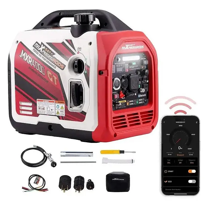 MaXpeedingrods Stromerzeuger 3500W DualFuel Inverter Stromerzeuger mit App Steuerung maXpeedingrods... - Nennleistung: 3,1 kW, Tankvolumen: 4 l - Rot-weißer MXR4000 GT Inverter-Generator mit Digitalanzeige, Bluetooth-App-Steuerung auf Smartphone und Zubehör wie Kabeln und Adaptern.