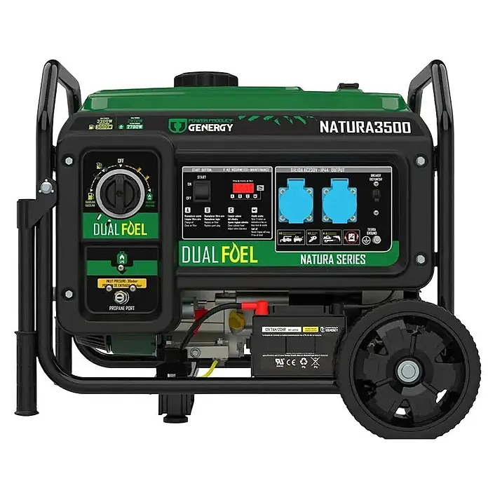Genergy Stromerzeuger Dualfuel Stromerzeuger 3300W Genergy Natura 3500 SVR - Benzin & LPG - Nennleistung: 3 kW, Tankvolumen: 20 l - Grüner und schwarzer Dual-Fuel-Generator mit Rädern und Bedienfeld. Marke NATURA3500 GENERGY.