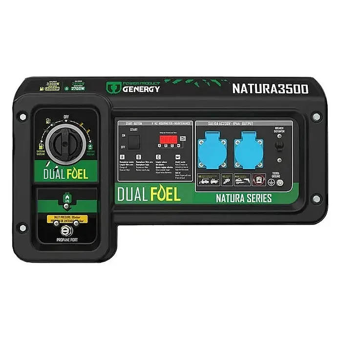 Genergy Stromerzeuger Dualfuel Stromerzeuger 3300W Genergy Natura 3500 SVR - Benzin & LPG - Nennleistung: 3 kW, Tankvolumen: 20 l - Schwarzes und grünes Genergy Natura 3500 Dual-Fuel Generator-Bedienfeld mit Kraftstoffwähler, Display und zwei blauen AC-Steckdosen.