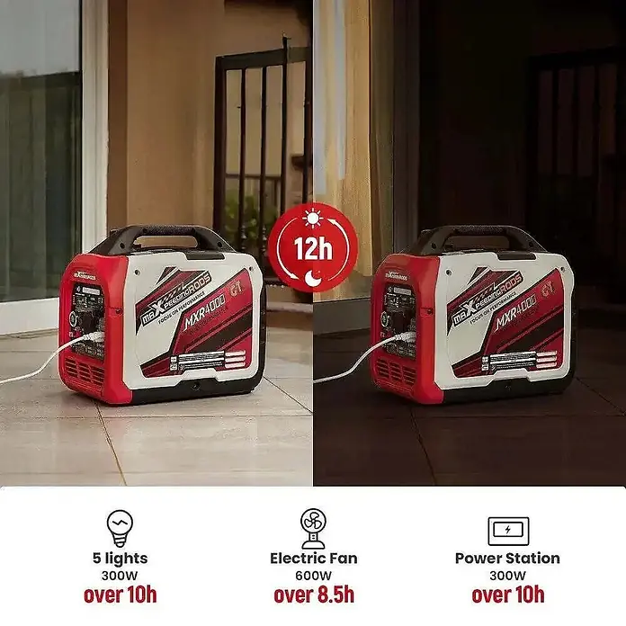 MaXpeedingrods Stromerzeuger 3500W DualFuel Inverter Stromerzeuger mit App Steuerung maXpeedingrods... - Nennleistung: 3,1 kW, Tankvolumen: 4 l - Roter und weißer tragbarer Inverter-Generator (MAXPEEDINGRODS MXR4000 GT) liefert Strom, gezeigt bei Tag und Nacht mit 12h Laufzeit.