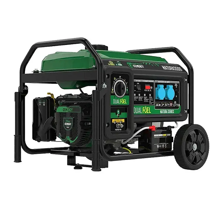 Genergy Stromerzeuger Dualfuel Stromerzeuger 3300W Genergy Natura 3500 SVR - Benzin & LPG - Nennleistung: 3 kW, Tankvolumen: 20 l - Grüner und schwarzer tragbarer Dual-Fuel-Generator mit Bedienfeld, Steckdosen und Rädern.
