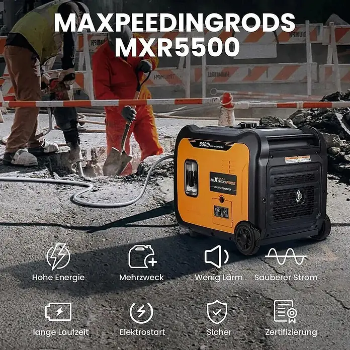 MaXpeedingrods Stromerzeuger 5500 Watt Benzin Inverter Stromerzeuger maXpeedingrods MXR 5500i - Nennleistung: 5 kW, Tankvolumen: 13,5 l - Oranger und schwarzer MAXPEEDINGRODS MXR5500 tragbarer Inverter-Generator, der auf einer Baustelle Strom liefert.