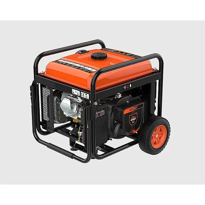 Genergy Stromerzeuger Inverter Stromerzeuger Benzin 7500W mit Funkstart Genergy Creta-RC - Nennleistung: 7,2 kW, Tankvolumen: 25 l - Oranger und schwarzer tragbarer Generator mit robustem Rahmen, Rädern und einem orangefarbenen Kraftstofftank.