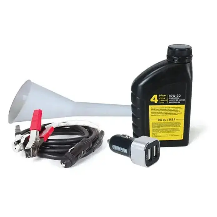 Champion Power Equipment Stromerzeuger 2200 Watt DualFuel Inverter Stromerzeuger Champion MightyAtom 2200 - Nennleistung: 1,9 kW, Tankvolumen: 4 l - Ein Kit mit weißem Trichter, schwarzer 10W-30 Motorölflasche, Kfz-Kabeln mit Klemmen und einem Dual-USB-Autoladegerät.