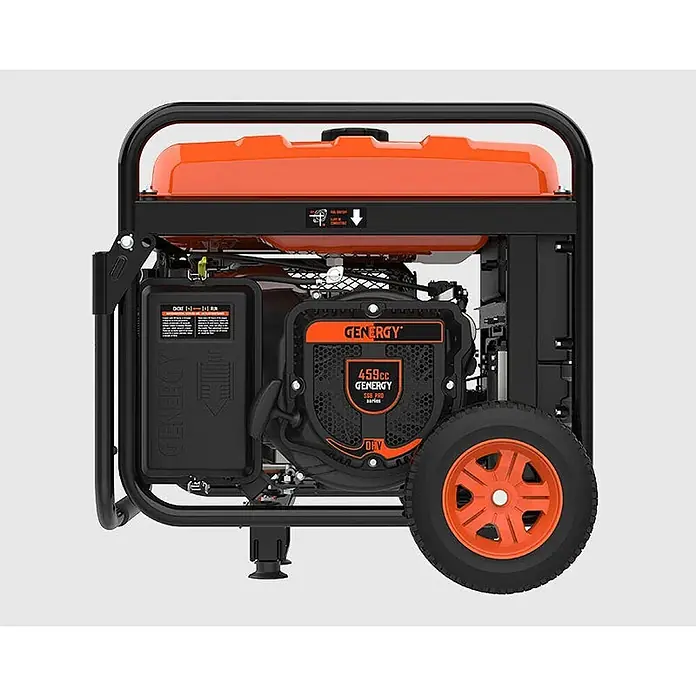 Genergy Stromerzeuger Inverter Stromerzeuger Benzin 7500W mit Funkstart Genergy Creta-RC - Nennleistung: 7,2 kW, Tankvolumen: 25 l - Ein schwarz-oranger, tragbarer Generator mit 459cc Motor, robustem Rahmen und einem orangefarbenen Rad für Mobilität.