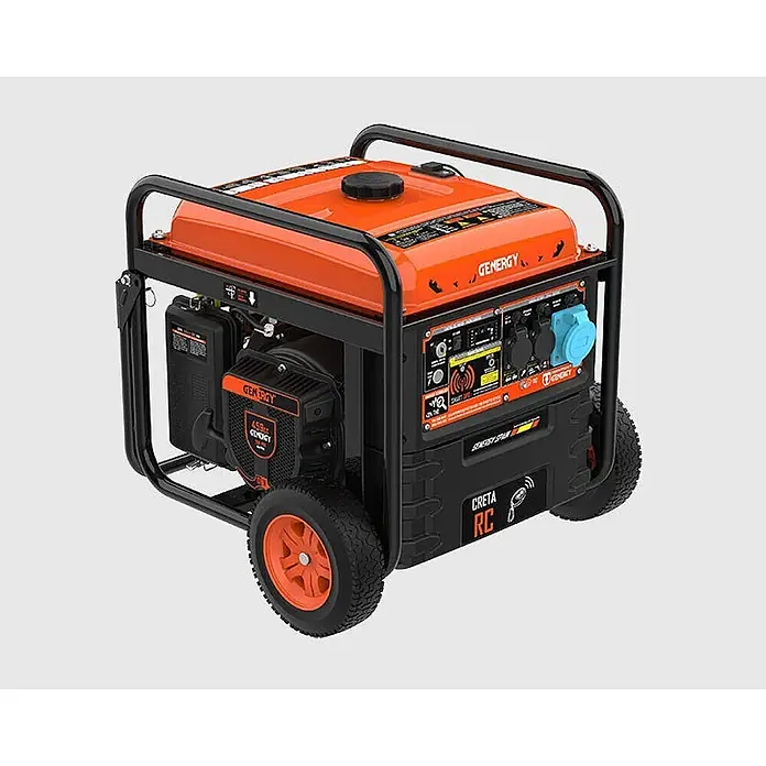 Genergy Stromerzeuger Inverter Stromerzeuger Benzin 7500W mit Funkstart Genergy Creta-RC - Nennleistung: 7,2 kW, Tankvolumen: 25 l - Orange-schwarzer tragbarer Generator mit robustem Rahmen, Bedienfeld, Tank und Rädern für einfachen Transport.