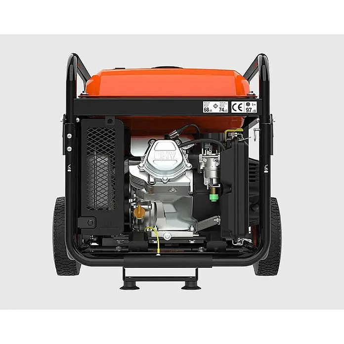 Genergy Stromerzeuger Inverter Stromerzeuger Benzin 7500W mit Funkstart Genergy Creta-RC - Nennleistung: 7,2 kW, Tankvolumen: 25 l - Rückansicht eines tragbaren Generators mit orangefarbenem Kraftstofftank, schwarzem Rahmen und silbernem OHV-Motor zur Stromerzeugung.