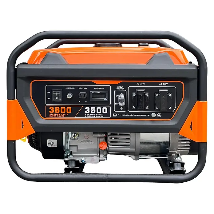 KIPOR Stromerzeuger Stromerzeuger AVR Benzin KIPOR AG3500 3500 Watt - Nennleistung: 3 kW, Tankvolumen: 15 l - Orange-schwarzer, tragbarer Generator mit Metallrahmen, Bedienfeld, 3800 Start- und 3500 Laufwatt, mehreren Steckdosen und Multimeter.