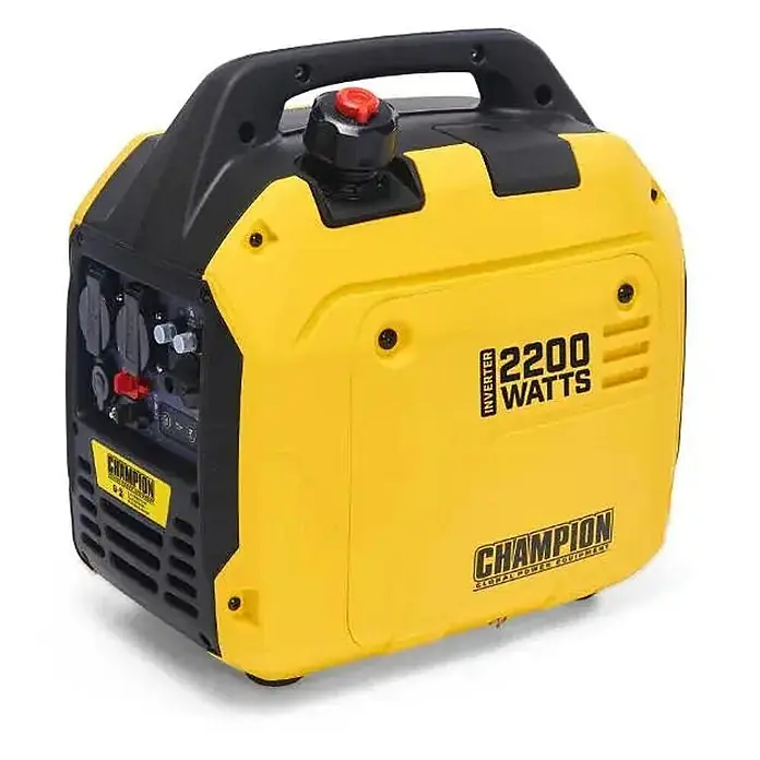 Champion Power Equipment Stromerzeuger 2200 Watt Benzin Inverter Stromerzeuger Champion MightyAtom 2200 - Nennleistung: 1,9 kW, Tankvolumen: 4 l - Gelber und schwarzer Champion 2200-Watt Inverter-Generator mit Tragegriff und seitlichem Bedienfeld.