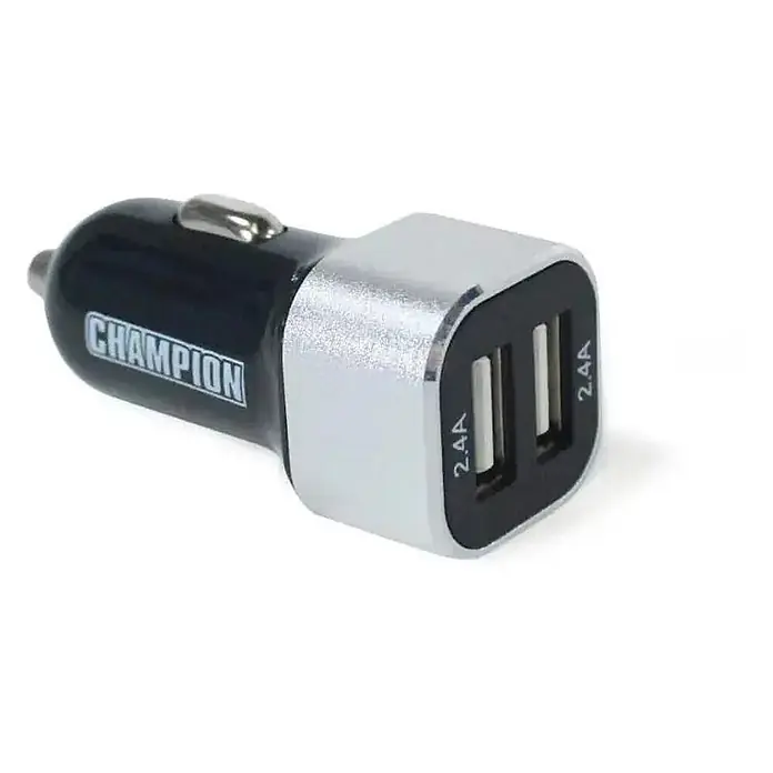 Champion Power Equipment Stromerzeuger 2200 Watt Benzin Inverter Stromerzeuger Champion MightyAtom 2200 - Nennleistung: 1,9 kW, Tankvolumen: 4 l - Schwarz-silbernes Dual-Port-USB-Autoladegerät der Marke "CHAMPION" mit zwei 2,4A USB-A-Anschlüssen.