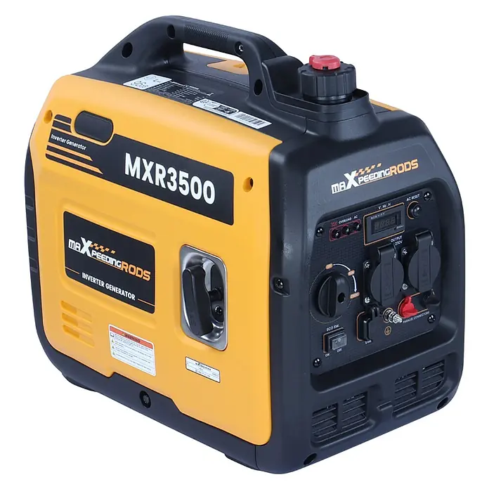 MaXpeedingrods Stromerzeuger 3300 Watt Benzin Inverter Stromerzeuger maXpeedingrods MXR 3500 mit LE... - Nennleistung: 3 kW, Tankvolumen: 4 l - Gelber und schwarzer Inverter-Generator mit Tragegriff, Bedienfeld, Digitalanzeige und Steckdosen, Modell MXR3500.