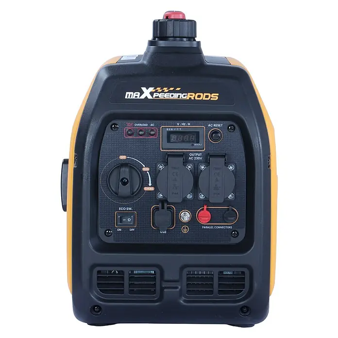 MaXpeedingrods Stromerzeuger 3300 Watt Benzin Inverter Stromerzeuger maXpeedingrods MXR 3500 mit LE... - Nennleistung: 3 kW, Tankvolumen: 4 l - Gelb-schwarzer tragbarer Inverter-Generator mit Bedienfeld, AC-Steckdosen, USB, Display und Schaltern.