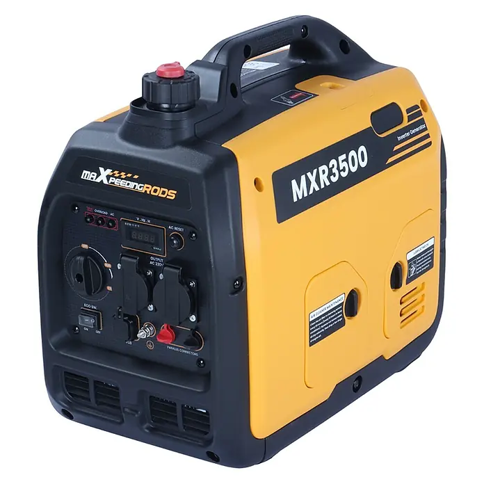 MaXpeedingrods Stromerzeuger 3300 Watt Benzin Inverter Stromerzeuger maXpeedingrods MXR 3500 mit LE... - Nennleistung: 3 kW, Tankvolumen: 4 l - Gelb-schwarzer MAXPEEDINGRODS MXR3500 Inverter-Generator mit Tragegriff, Bedienfeld und Steckdosen.