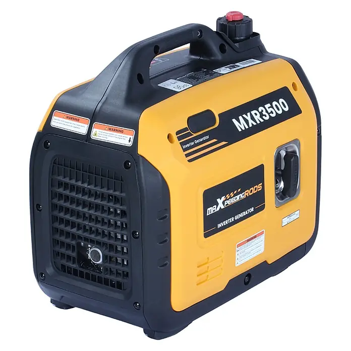 MaXpeedingrods Stromerzeuger 3300 Watt Benzin Inverter Stromerzeuger maXpeedingrods MXR 3500 mit LE... - Nennleistung: 3 kW, Tankvolumen: 4 l - Gelber und schwarzer tragbarer Inverter-Generator mit Tragegriff und rotem Tankdeckel.