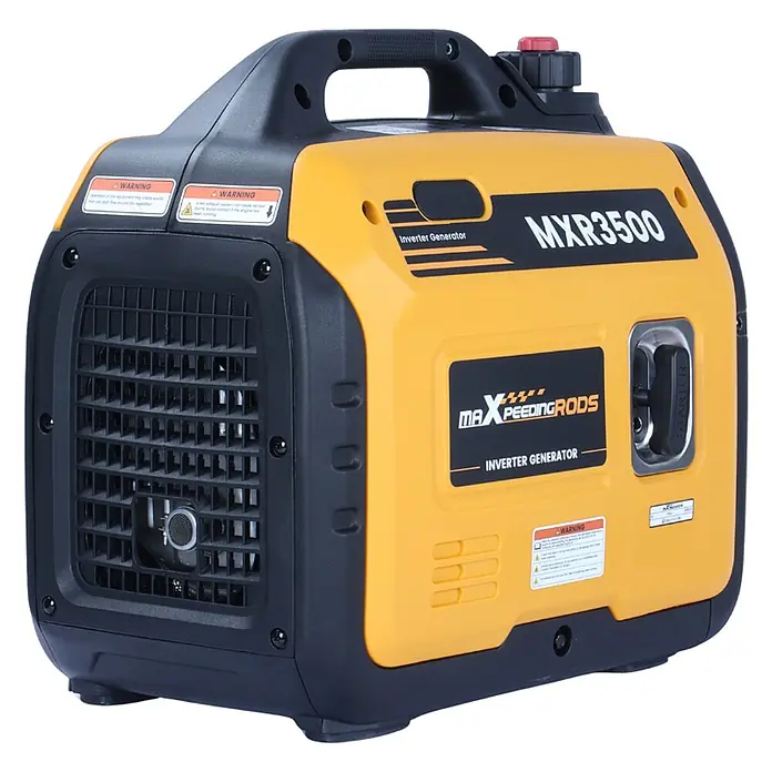 MaXpeedingrods Stromerzeuger 3300 Watt Benzin Inverter Stromerzeuger maXpeedingrods MXR 3500 mit LE... - Nennleistung: 3 kW, Tankvolumen: 4 l - Gelb-schwarzer tragbarer Inverter-Generator mit Griff oben und Warnhinweisen.