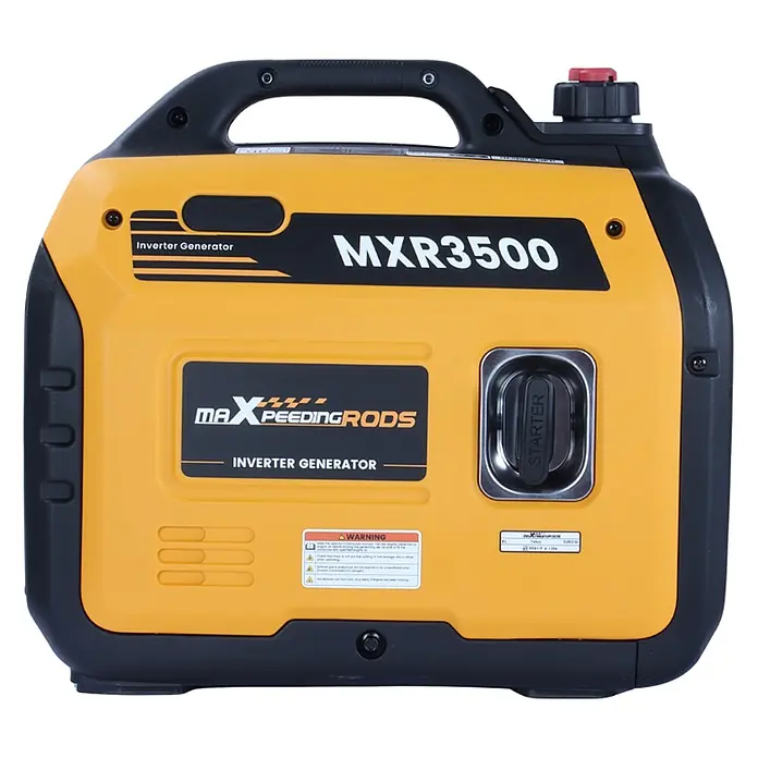 MaXpeedingrods Stromerzeuger 3300 Watt Benzin Inverter Stromerzeuger maXpeedingrods MXR 3500 mit LE... - Nennleistung: 3 kW, Tankvolumen: 4 l - Gelber und schwarzer Inverter-Generator mit Tragegriff, "MXR3500" Branding und sichtbarem Startergriff.