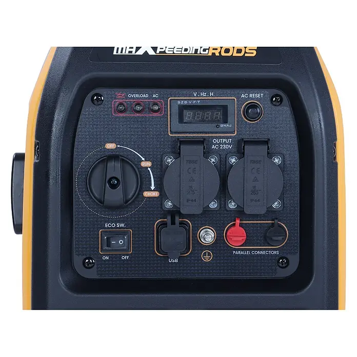 MaXpeedingrods Stromerzeuger 3300 Watt Benzin Inverter Stromerzeuger maXpeedingrods MXR 3500 mit LE... - Nennleistung: 3 kW, Tankvolumen: 4 l - Schwarzes und orangefarbenes Generator-Bedienfeld mit Ausgangsbuchsen, Digitalanzeige und Schaltern für den Betrieb, einschließlich ECO-Modus und Parallelanschluss.