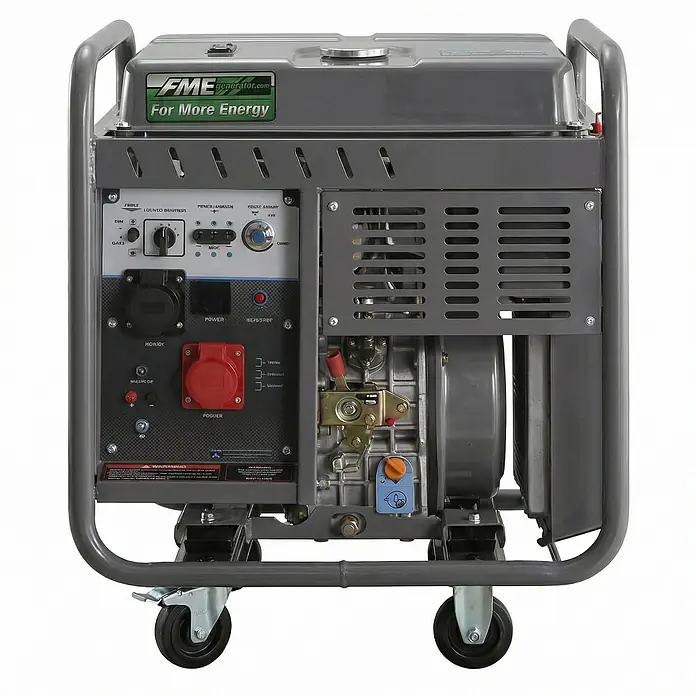 FME Stromerzeuger FME 11000iD-O Diesel Inverter Stromerzeuger 230V / 400V 11,25kVA - HVO100 - Nennleistung: 8,5 kW, Tankvolumen: 25 l - Grauer mobiler Generator mit schwarzen und roten Steckdosen, Bedienfeld und Rollen für einfachen Transport.
