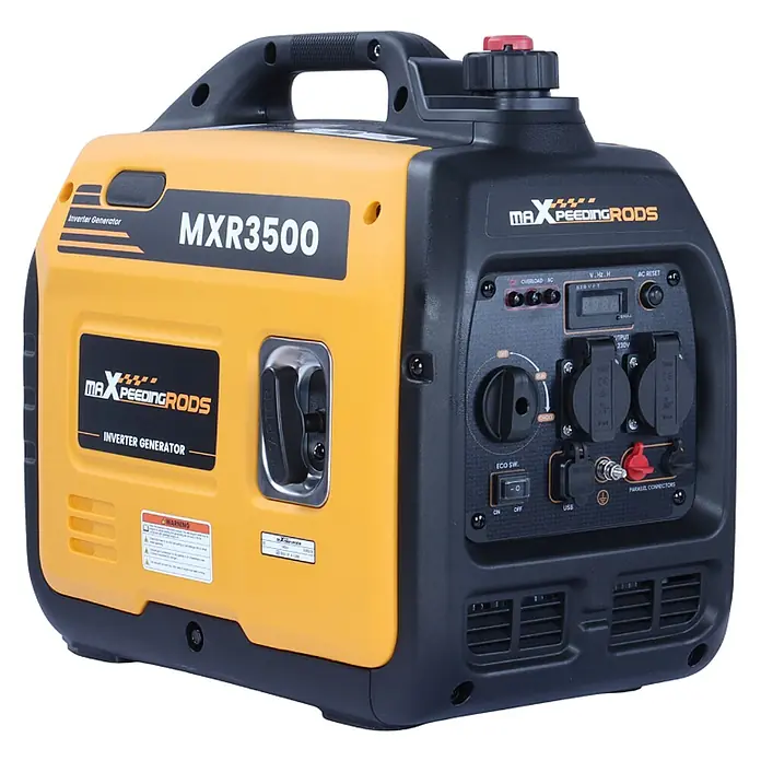 MaXpeedingrods Stromerzeuger 3300 Watt Benzin Inverter Stromerzeuger maXpeedingrods MXR 3500 mit LE... - Nennleistung: 3 kW, Tankvolumen: 4 l - Gelber und schwarzer tragbarer Inverter-Generator mit Bedienfeld, verschiedenen Steckdosen, Display und Tragegriff.