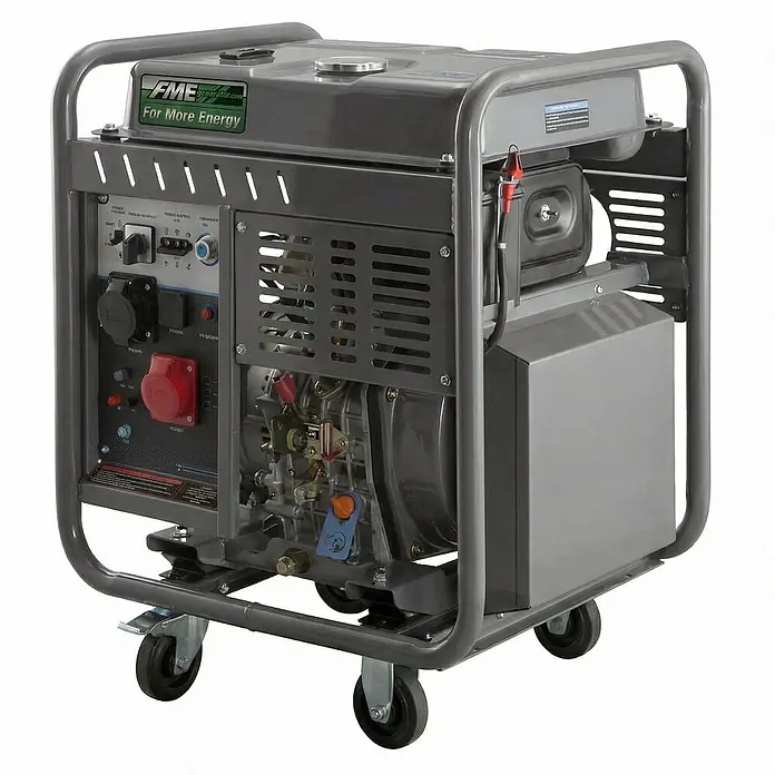 FME Stromerzeuger FME 11000iD-O Diesel Inverter Stromerzeuger 230V / 400V 11,25kVA - HVO100 - Nennleistung: 8,5 kW, Tankvolumen: 25 l - Grauer tragbarer Generator mit Metallrahmen und Rollen.