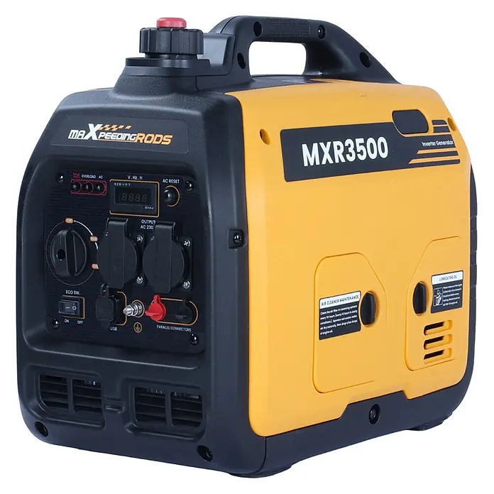 MaXpeedingrods Stromerzeuger 3300 Watt Benzin Inverter Stromerzeuger maXpeedingrods MXR 3500 mit LE... - Nennleistung: 3 kW, Tankvolumen: 4 l - MAXPEEDINGRODS MXR3500 Inverter-Generator in Gelb-Schwarz, mit Bedienfeld und Tragegriff.