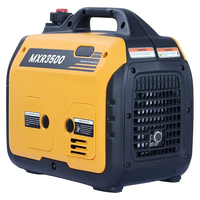 MaXpeedingrods Stromerzeuger 3300 Watt Benzin Inverter Stromerzeuger maXpeedingrods MXR 3500 mit LE... - Nennleistung: 3 kW, Tankvolumen: 4 l - Gelb-schwarzer MXR3500 Inverter-Generator mit Tragegriff, Seitenlüftungsschlitzen und Warnhinweisen.